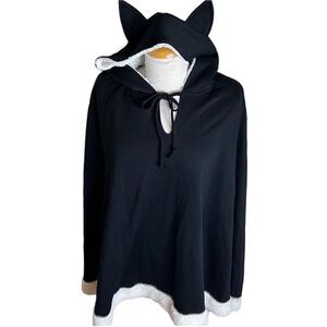 Black Hooded Cat Ear Fuzzy Trim Poncho Sample Piece Size S/M